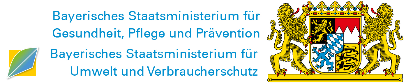Behördenbezeichnung mit bayerischem Staatswappen von: Bayerisches Staatsminsiterium für Umwelt und Verbraucherschutz, Bayerisches Staatsministerium für Gesundheit, Pflege und Prävention.